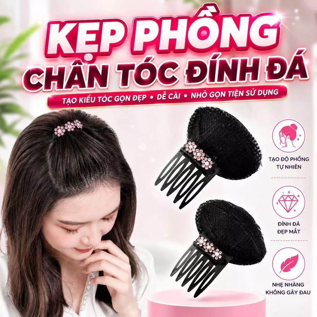 Kẹp xược tạo phồng chân tóc đính đá hoa, kẹp tóc tạo kiểu sang trọng dễ cài