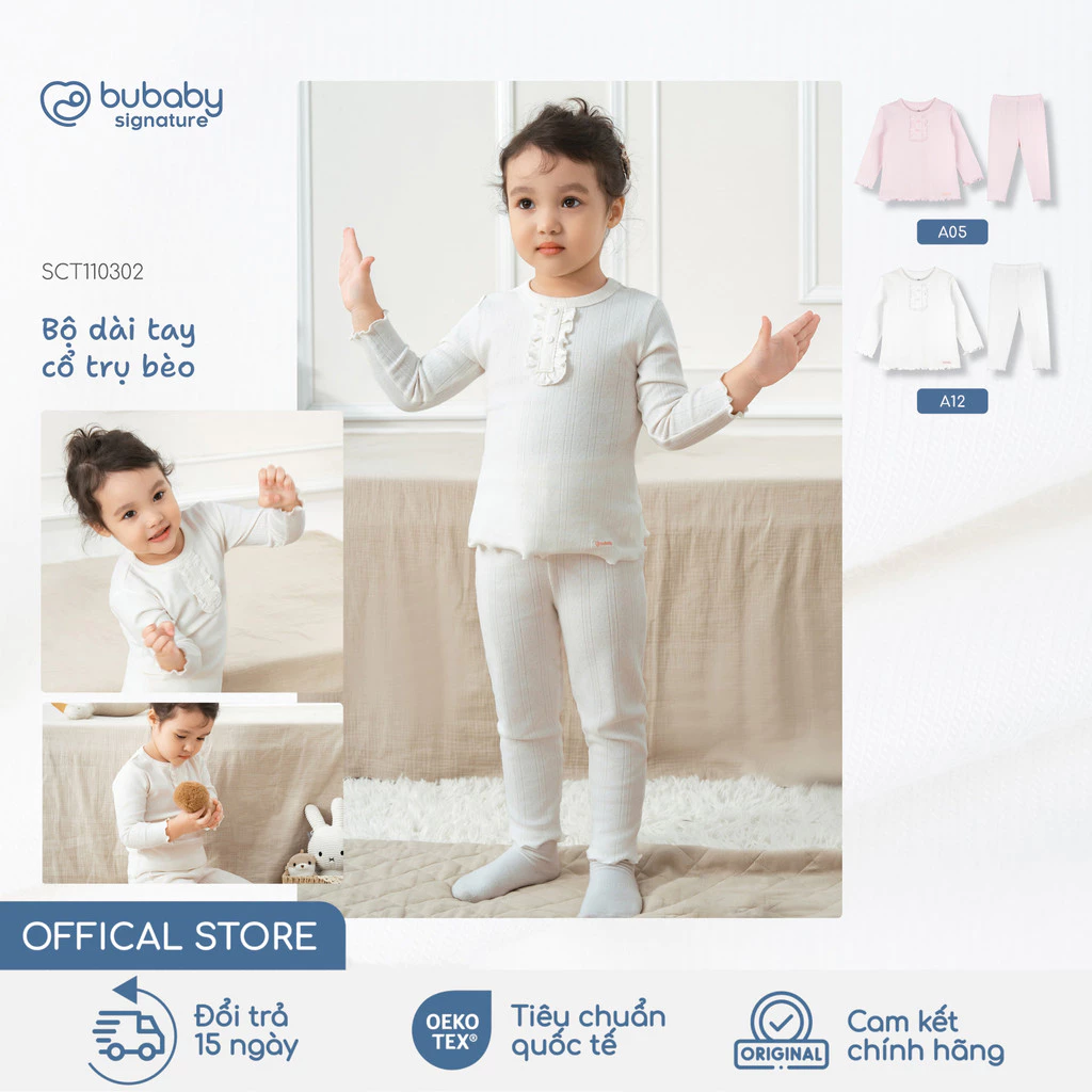 Bộ quần áo dài tay cổ trụ bèo BU Baby, bộ dài bé gái, bộ mặc nhà bé gái, bộ đồ thời trang | SCT110302