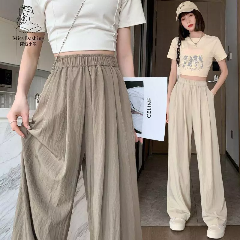 Quần ống rộng cạp cao cho nữ Vải lụa băng cỡ lớn dáng rộng vừa vặn Quần phù hợp cho mọi trận đấu