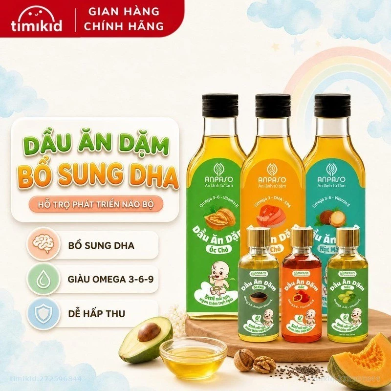 Dầu Ăn Dặm Cho Bé ANPASO Bổ Sung DHA Cho Bé - dầu Oliu, Óc Chó, Cá Hồi, Gấc, Mắc ca, Mè