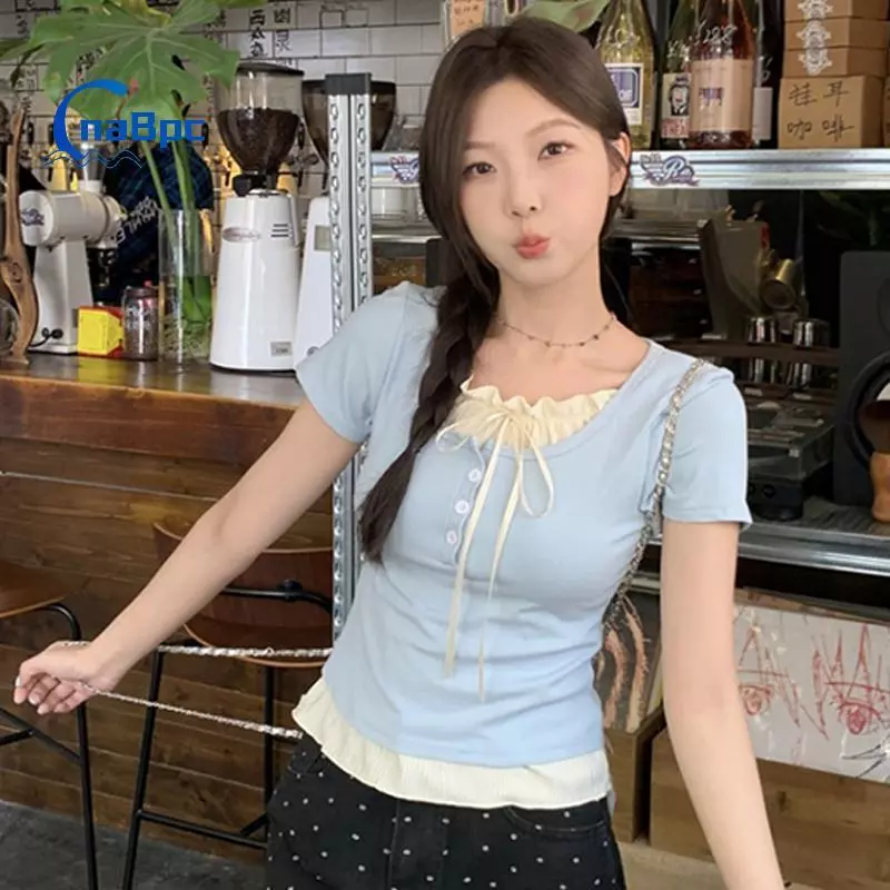 < CnaBpc > Thời Trang Dễ Thương Nơ Buộc Dây Chắp Vá Áo Thun Nữ Crop Top Mới