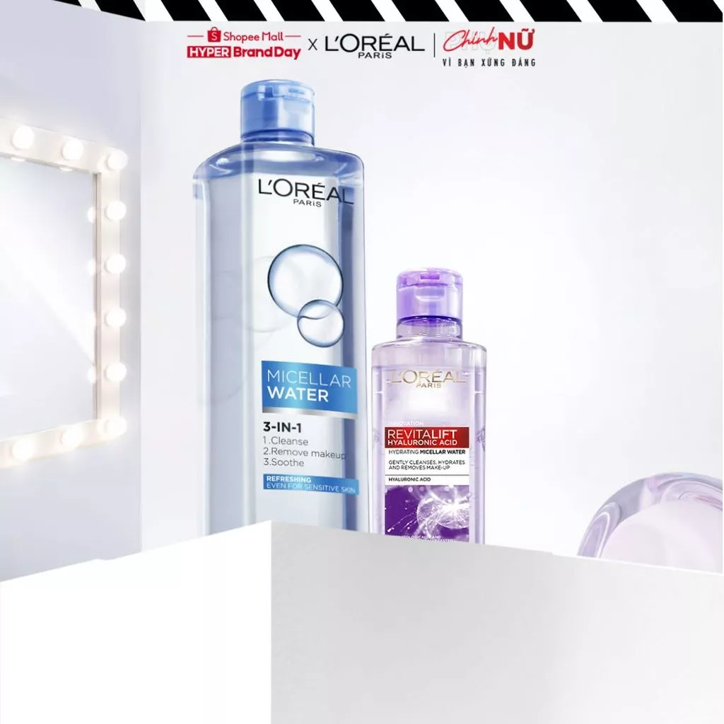 Bộ đôi nước tẩy trang giúp làm sạch sâu, loại bỏ bụi bẩn, lớp trang điểm 3-in-1 L'Oreal Paris Micellar Water 400ml, 95ml