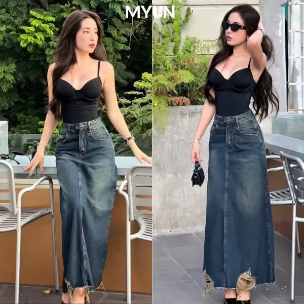 [XẢ VOUCHER] MYUN - Chân váy jean nữ dáng dài màu xanh bụi form basic, Chân váy bò cắt lai dáng xòe lưng cao JV0001