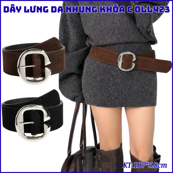 Dây thắt lưng nam nữ Y2K da nhung lộn khóa chữ C , dây nịt, phụ kiện thời trang kiểu dáng hot trend OLL423