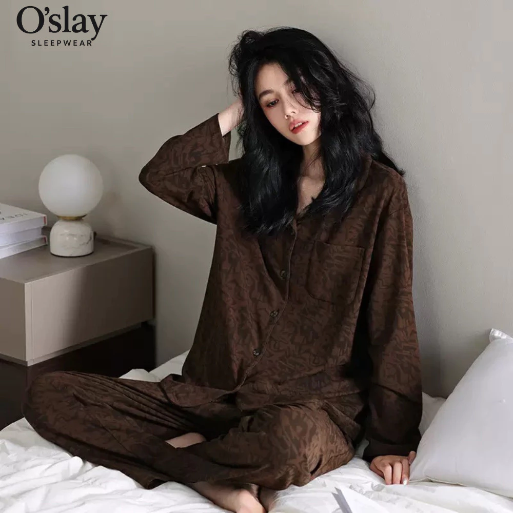 Đồ Ngủ Modal Dài Tay Nữ - Pijama Nâu Tối Giản Mùa Thu Đông Vải Mềm Kháng Khuẩn Dáng Rộng B46760