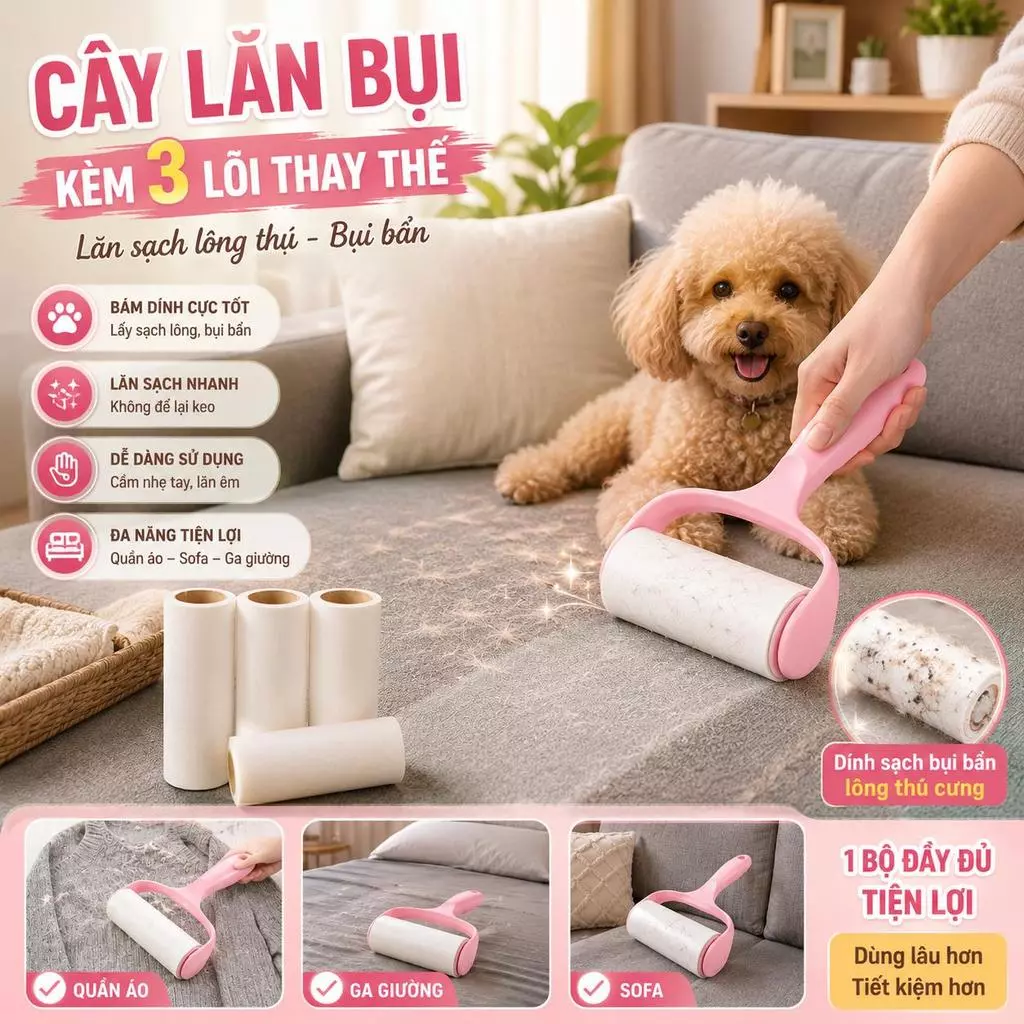 Cây Lăn Bụi Quần Áo 10CM Lăn Lông Chó Mèo Vệ Sinh Sofa Ga Giường Loại Bỏ Tóc Bụi Hiệu Quả - GD366