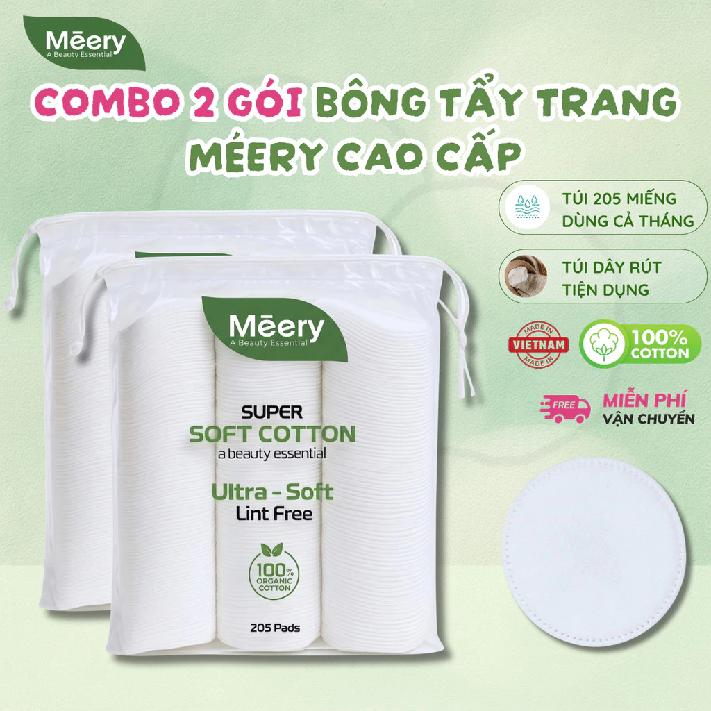COMBO 2 GÓI Bông Tẩy Trang MÉERY Chính Hãng, Bông Tẩy Trang Meery 205 Miếng 100% Cotton BTT