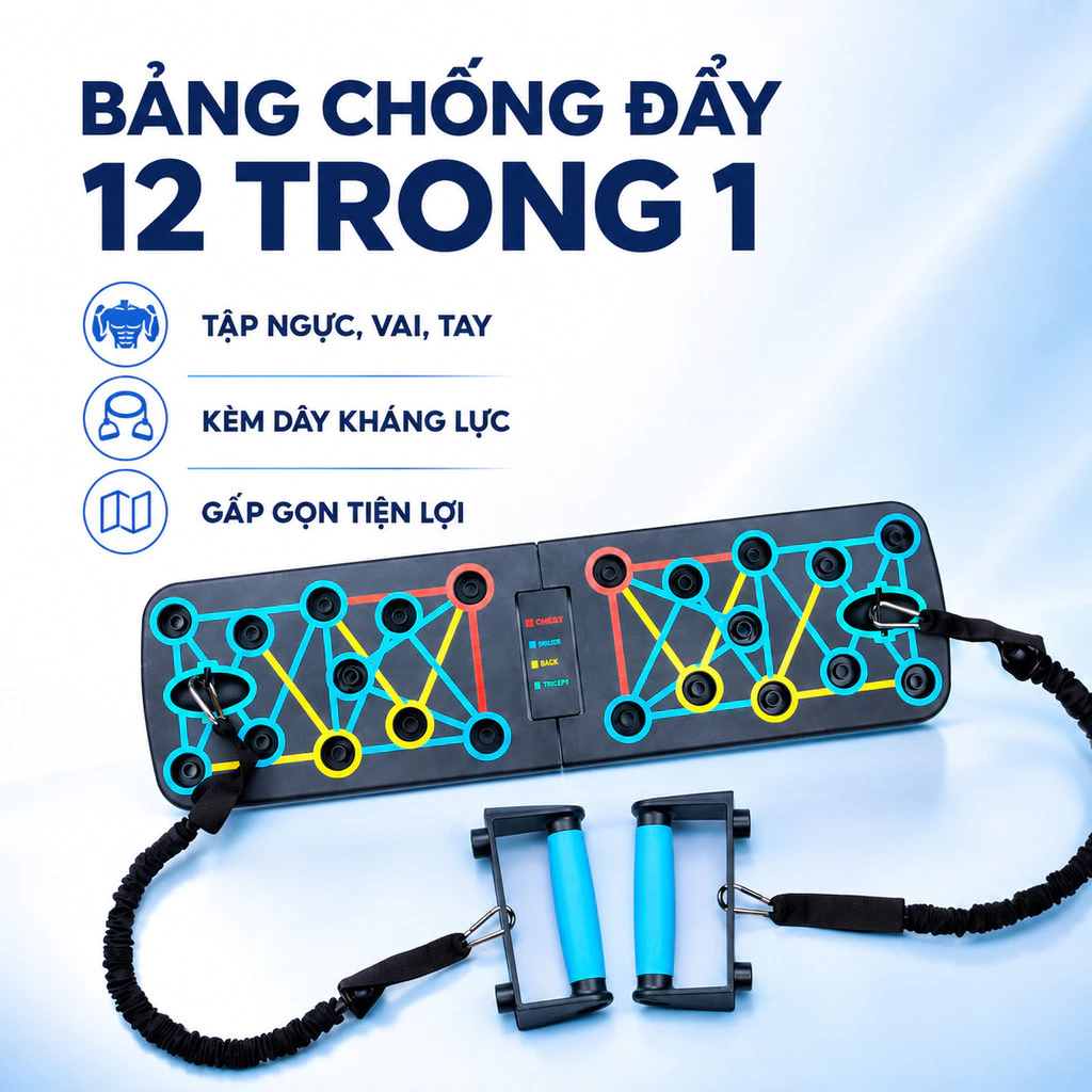 Bảng Chống Đẩy Đa Năng 12 Trong 1 Kèm Tay Cầm, Tùy Chọn Dây Kháng Lực Tập Ngực Vai Tay Lưng Tại Nhà