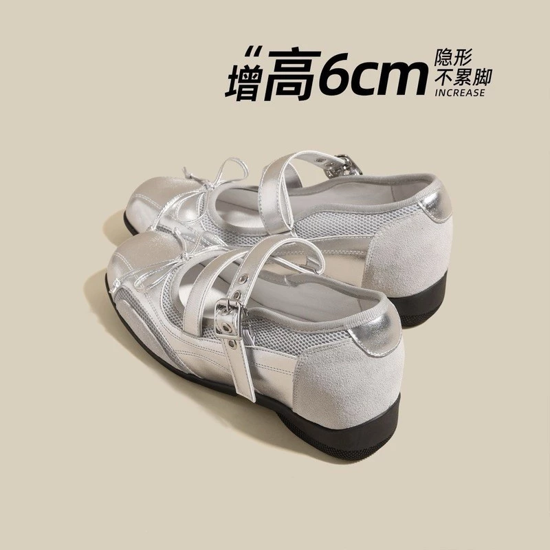 6cm Bên Trong Tăng Chiều Cao Bạc Mary Jane Giày Nữ 2026 Phong Cách Mới Xuân Hè Đế Dày Khóa Phẳng Nông Miệng Ba Lê Giày
