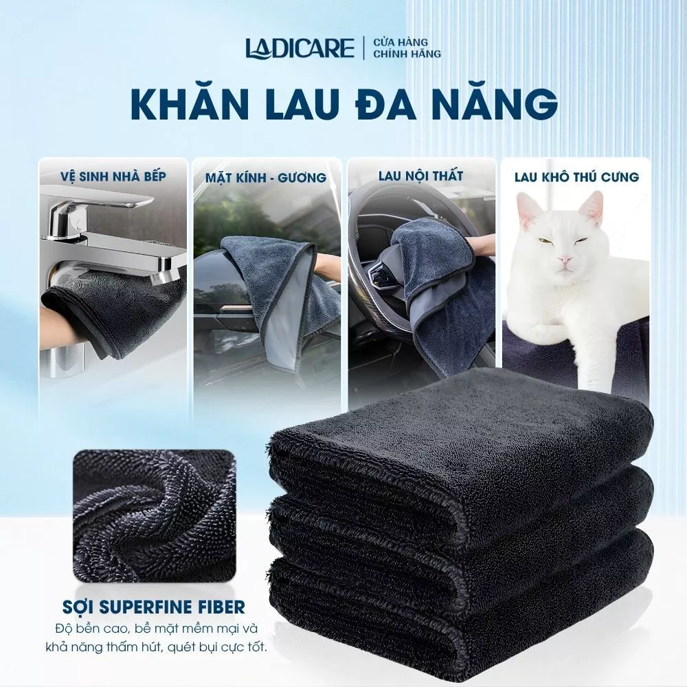 Khăn Lau Đa Năng LADICARE Siêu Thấm Hút, Mềm Mịn, Chống Trầy Xước Sợi Superfine Fiber 40x60cm, 2 Mặt Siêu Dày Dặn