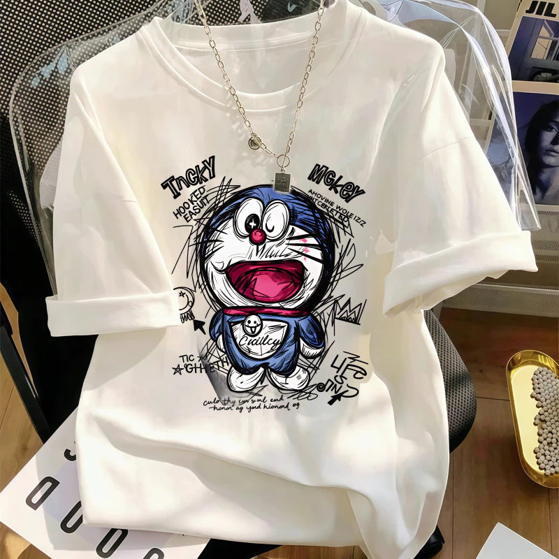 Áo thun nữ cổ tròn trắng in hình Mèo máy graffiti đáo vải thoáng mát kiểu rộng basic dễ chịu cao cấp