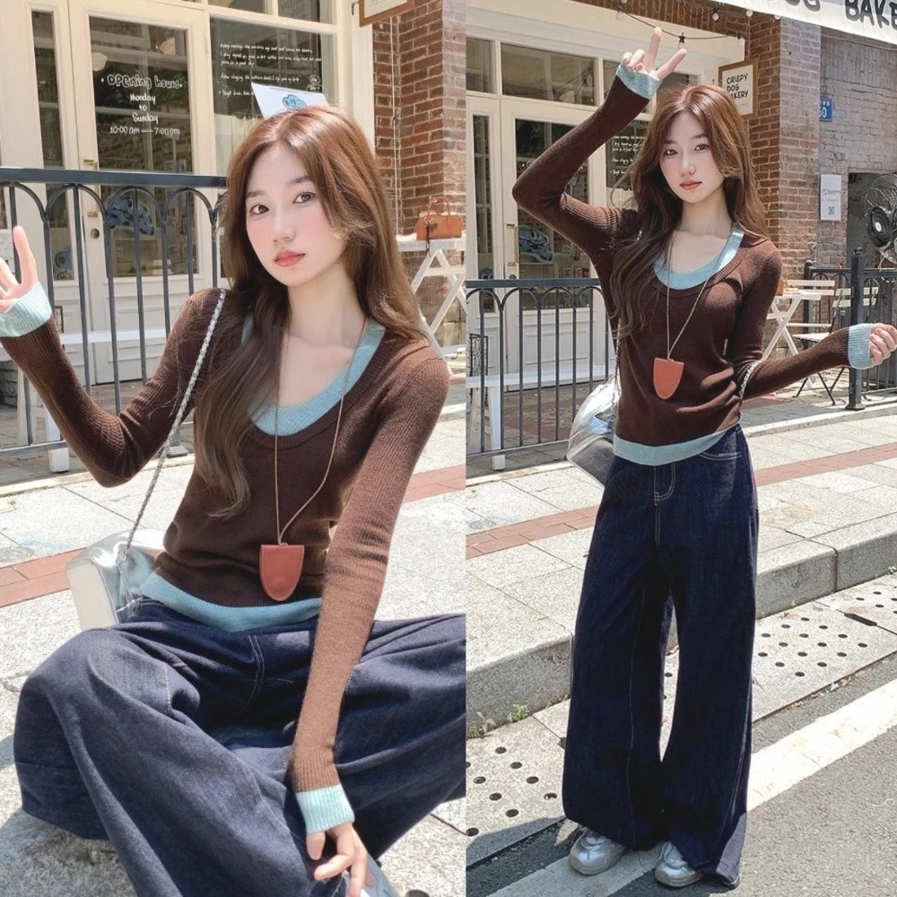 Áo Thun Nữ Dài Tay Cổ Chữ V Phong Cách Hàn Quốc Xuân Thu Mới Thời Trang Ấm Áp Lớp Nền Top