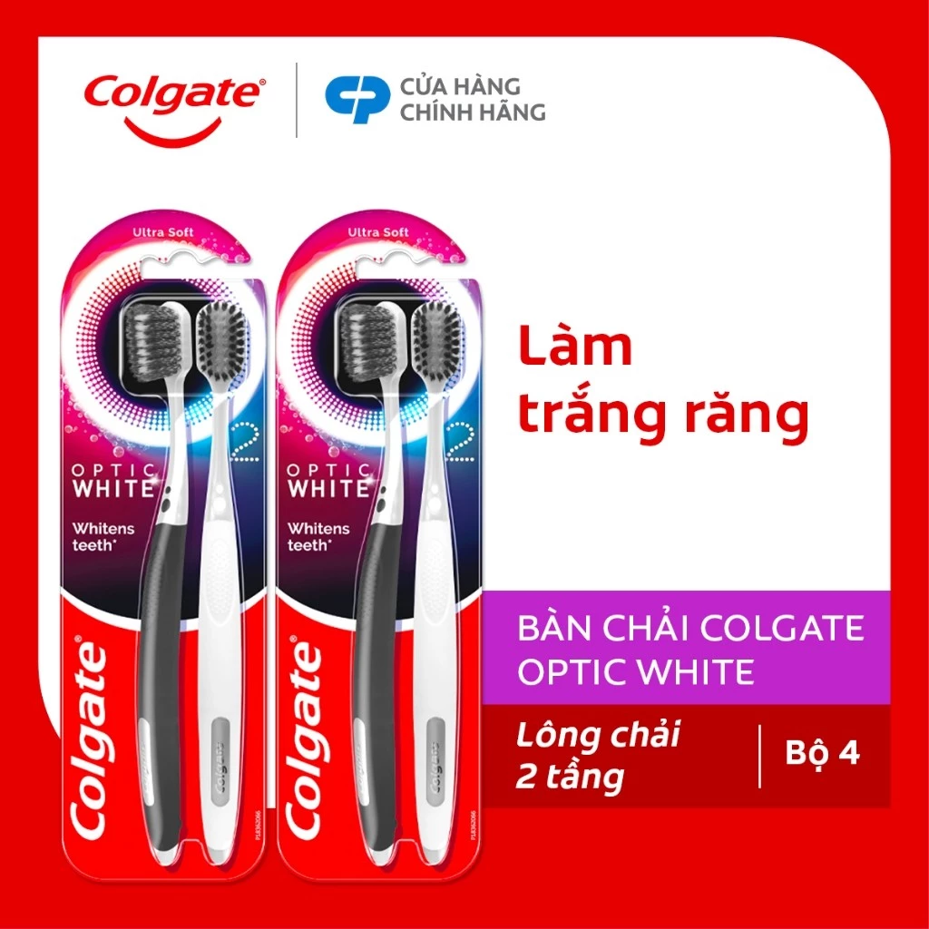 Bộ 4 bàn chải Colgate trắng răng Optic White Purple/ Optic White đầu chải rộng, lông chải 2 tầng xoắn kép