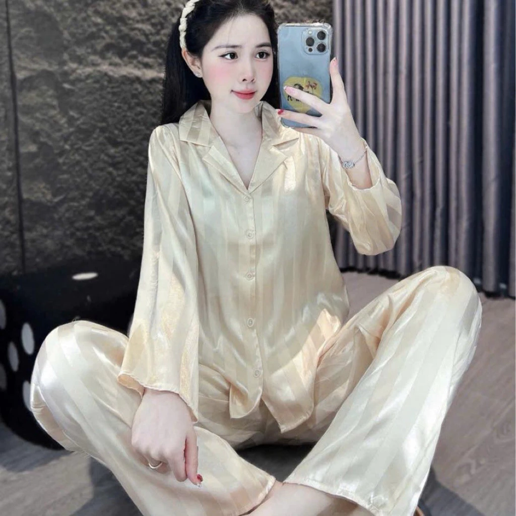 Bộ Ngủ Sọc Nữ Chất Liệu Lụa Gấm Cao Cấp Cá Tính Sang Chảnh Cho Nữ QCCC