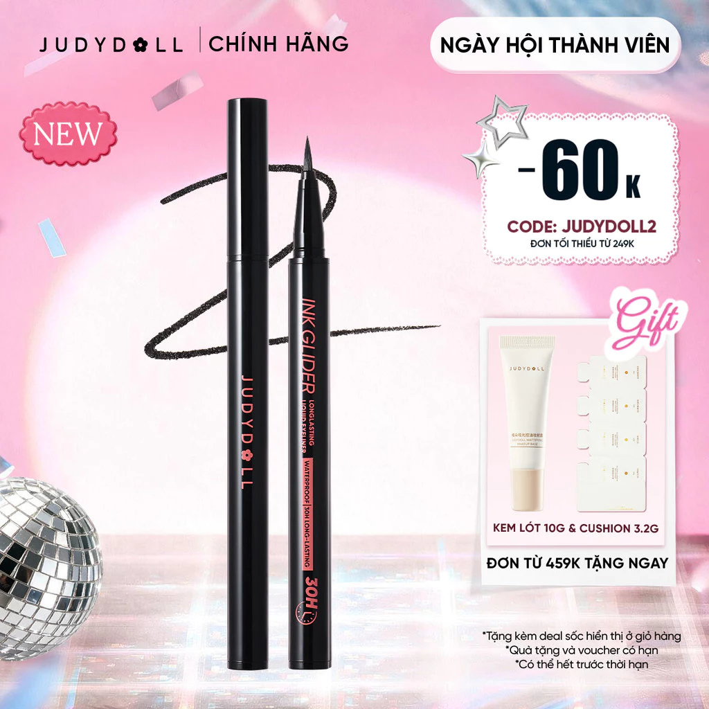 Judydoll Kẻ mắt nước đen đậm Ink Glider Longlasting Liquid Eyeliner Intense Black Đen Đậm Lâu trôi Chống lem 0.5 ml