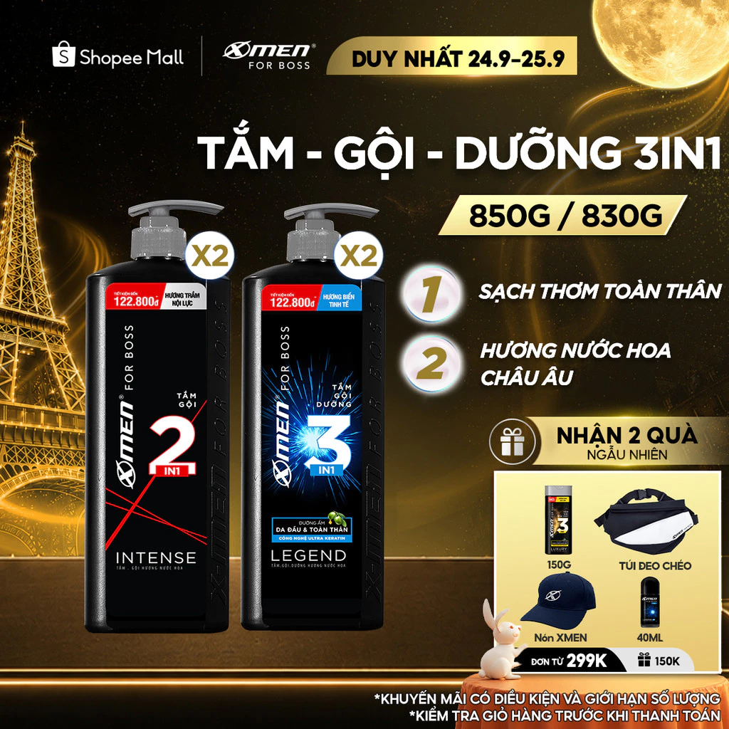 Combo 2 Tắm Gội X-Men for Boss Intense Legend 830g 850g/chai, Hương Nước Hoa Châu Âu