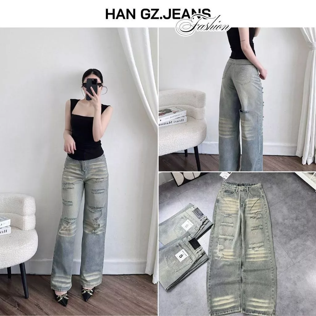Quần Jean Nữ HAN.Gz Ống Rộng Rách Sọc Ngang Cá Tính Bụi Bặm R010 Cotton Co Giãn Bền Màu Thời Trang Thoải Mái