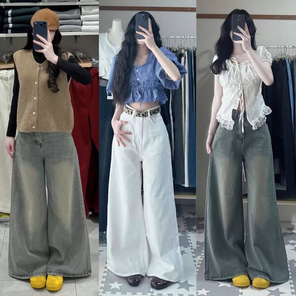Quần Jean Nữ MIAA ống Rộng 28-32CM màu Trắng Xám Xanh Cạp Cao chất jean dày dặn Đầy ĐỦ SIZE