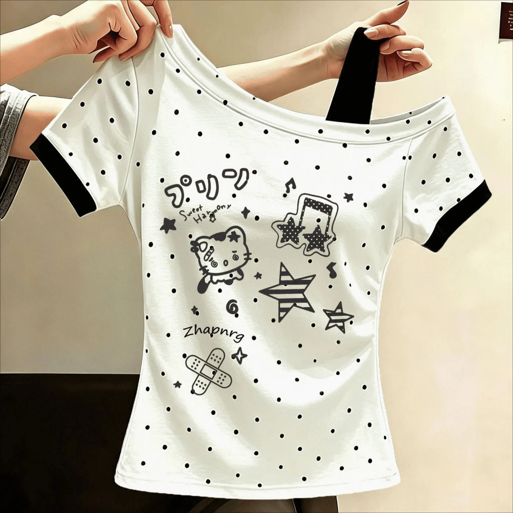 Áo bé gái tay ngắn - Áo thun cotton trễ vai phối dây, màu xanh pastel dễ thương
