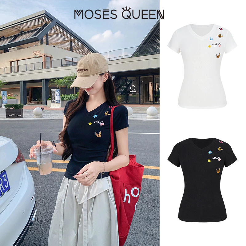 MOESSQUEEN Áo crop Top cổ chữ V thêu hoa ngọt ngào Hàn Quốc, 2 tông màu thắt lưng xếp nếp Slim Fit Pure Desire Áo thun ngắn tay #63710