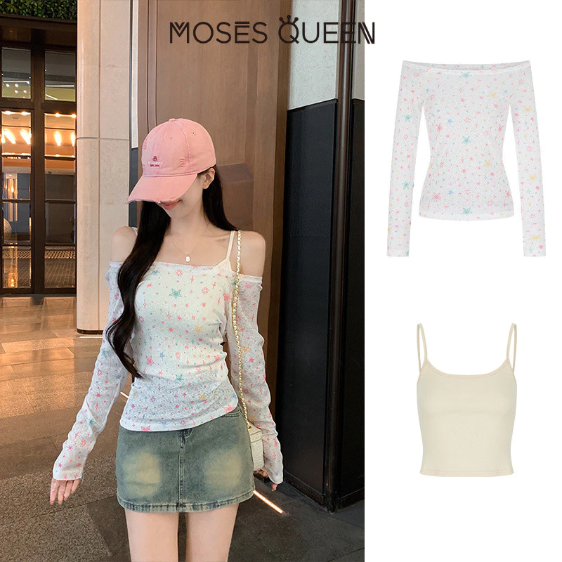 MOSESQUEEN Bộ 2 áo nữ, áo dài tay trễ vai mỏng in ngôi sao trắng + áo camisole vàng, bộ đồ lớp ôm dáng nhẹ nhàng #63840+63841