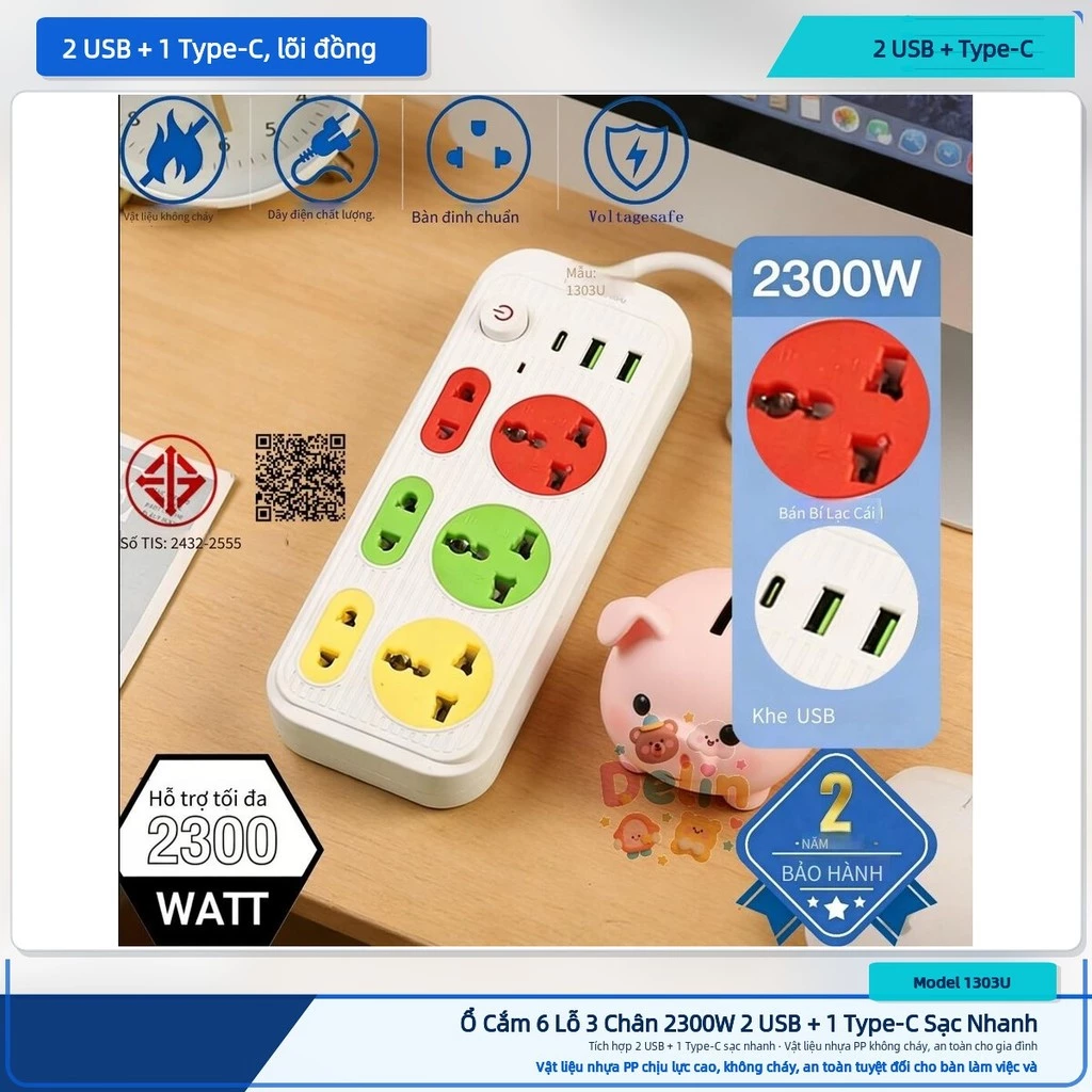 Ổ Cắm 6 Lỗ 3 Chân 2300W Có 2 USB + Type-C Sạc Nhanh Lõi Đồng Dây 1 8m 2 6m 4 2m