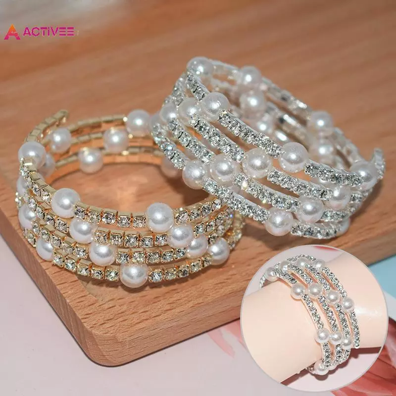 < Activee > Vòng tay ngọc trai giả pha lê thanh lịch Vòng tay ngọc trai co giãn nhiều lớp Vòng tay ngọc trai dành cho nữ Quà tặng trang sức cô dâu đẹp