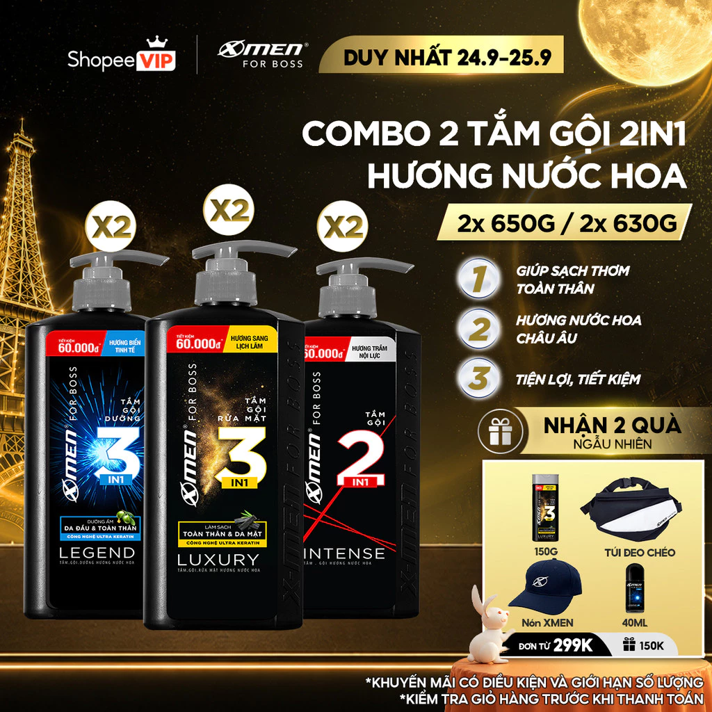 [SVIP] Combo 2 Tắm Gội X-Men for Boss 630g 650g/chai Luxury/Intense/Legend, Hương Nước Hoa Châu Âu