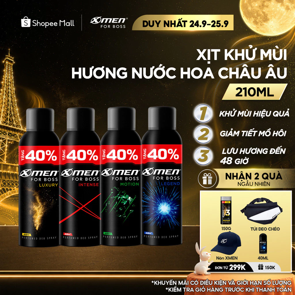 [Tặng thêm 40% dung tích] Xịt khử mùi XMen For Boss Intense/ Luxury/Legend/Motion 210ml - Hương Nước Hoa Châu Âu