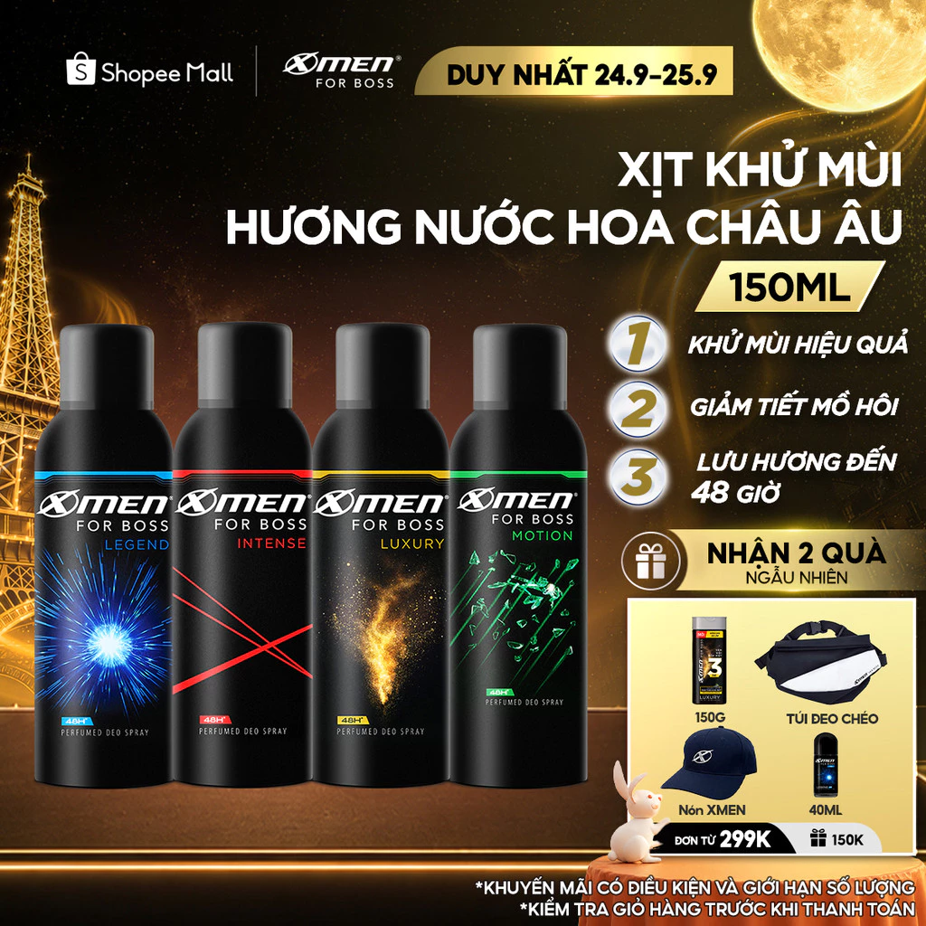 Xịt Khử Mùi XMen for Boss 150ml Intense/Luxury/Legend/Motion Hương Nước Hoa Châu Âu, Giảm Tiết Mồ Hôi Lưu Hương Dài Lâu
