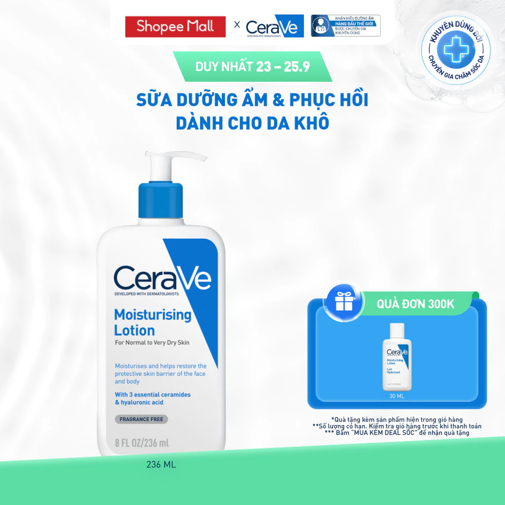 Sữa dưỡng ẩm phục hồi chuyên sâu và giữ da ẩm mịn suốt 48H, duy trì hàng rào bảo vệ da CERAVE MOISTURISING LOTION 236ML