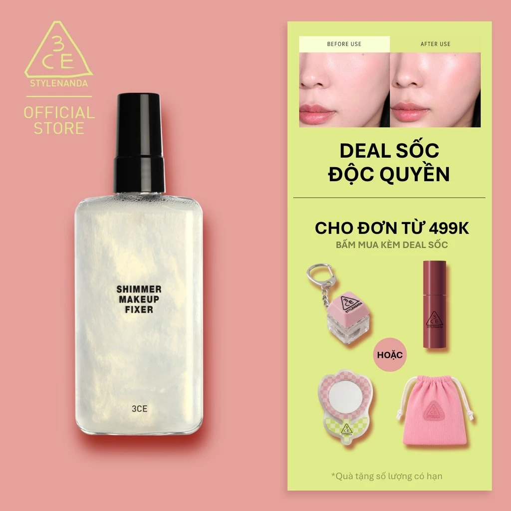 Xịt Khóa Nền 3CE Shimmer Makeup Fixer Tia Sương Mỏng Nhẹ, Bền Chắc Lâu Trôi, Hiệu Quả Giữ Ẩm Căng Bóng