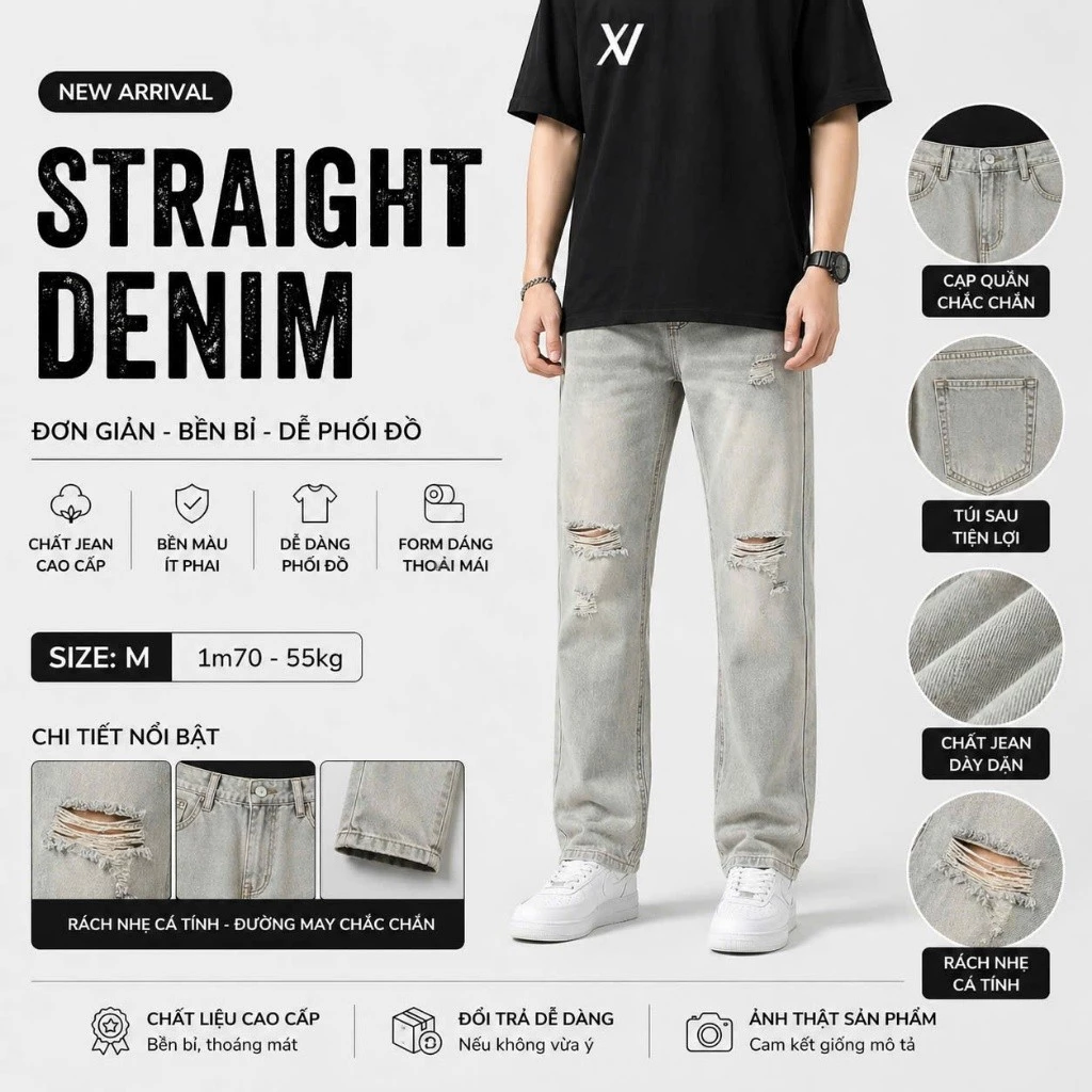 Quần jean nam ống suông Bagy Form Suông Ống Suông Wash Rách Phong Cách mới