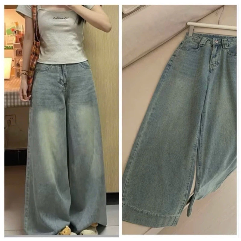 Quần jeans suông ống rộng gấu to 5cm màu mới mài bạc đùi cạp cao phong cách style Hàn Quốc