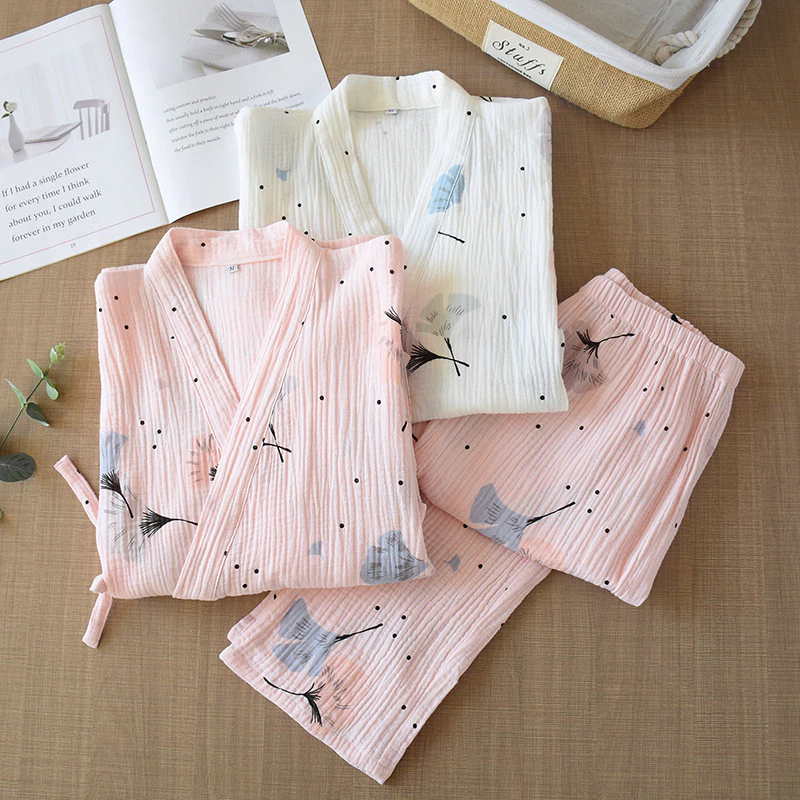 Cotton Nguyên Chất Gạc Kimono Bộ Đồ Ngủ Nữ Cardigan Nhật Bản Ren Cotton Loungewear