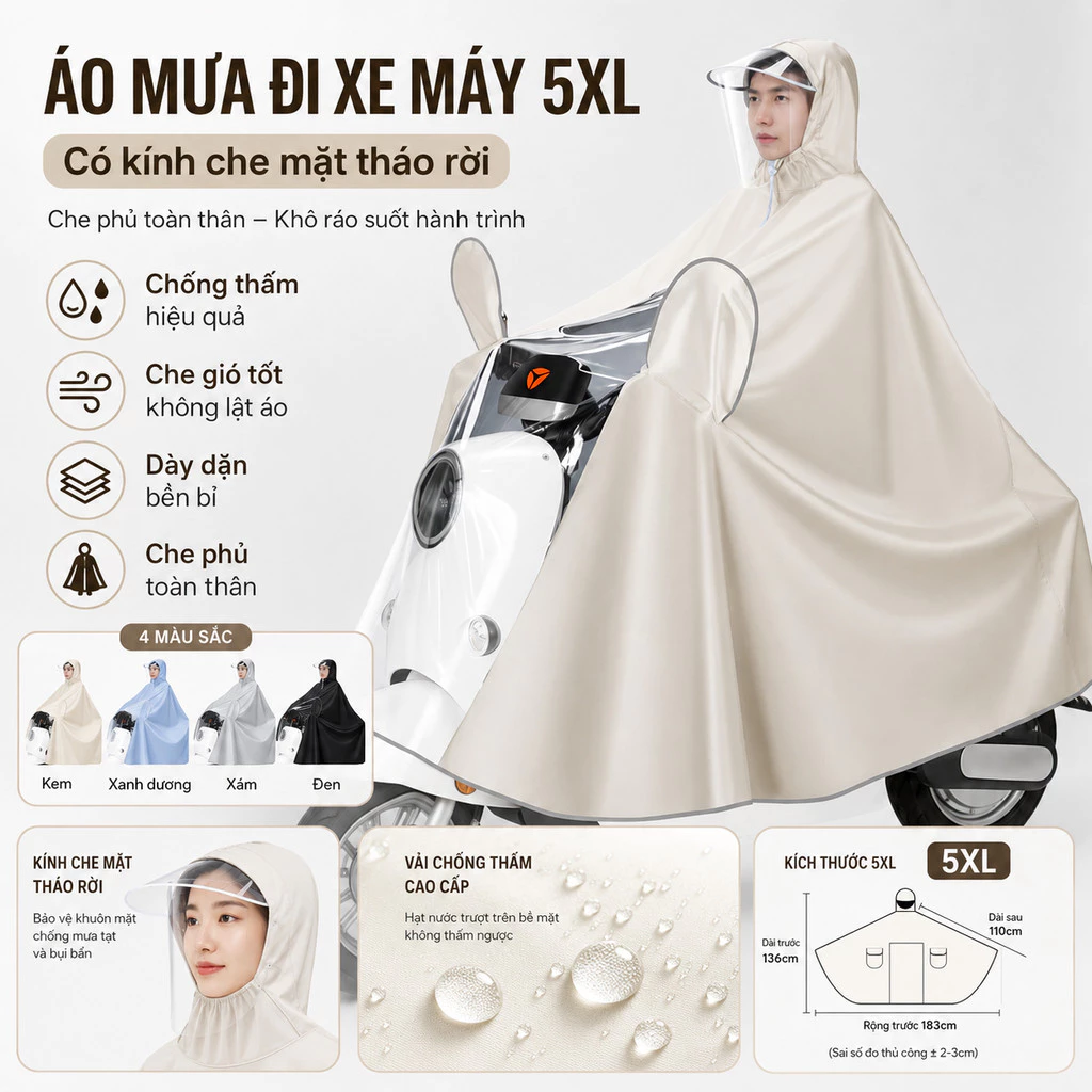 Áo Mưa Đi Xe Máy 5XL Có Kính Che Mặt, Dày Dặn Kéo Dài, Chống Thấm, Che Toàn Thân, 4 Màu Cho Người Lớn