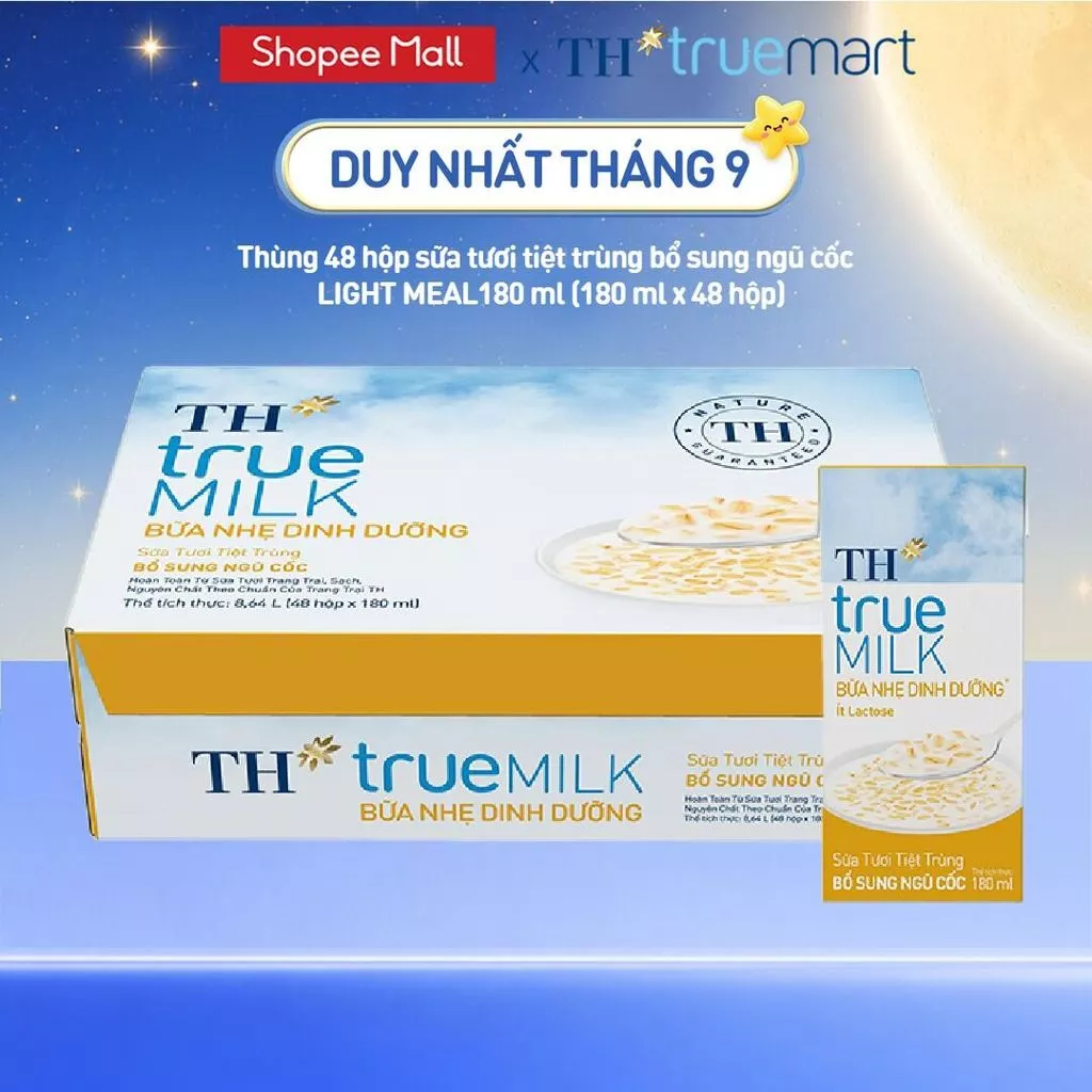Thùng sữa tươi tiệt trùng bổ sung ngũ cốc TH true MILK LIGHT MEAL180ml x 48 hộp
