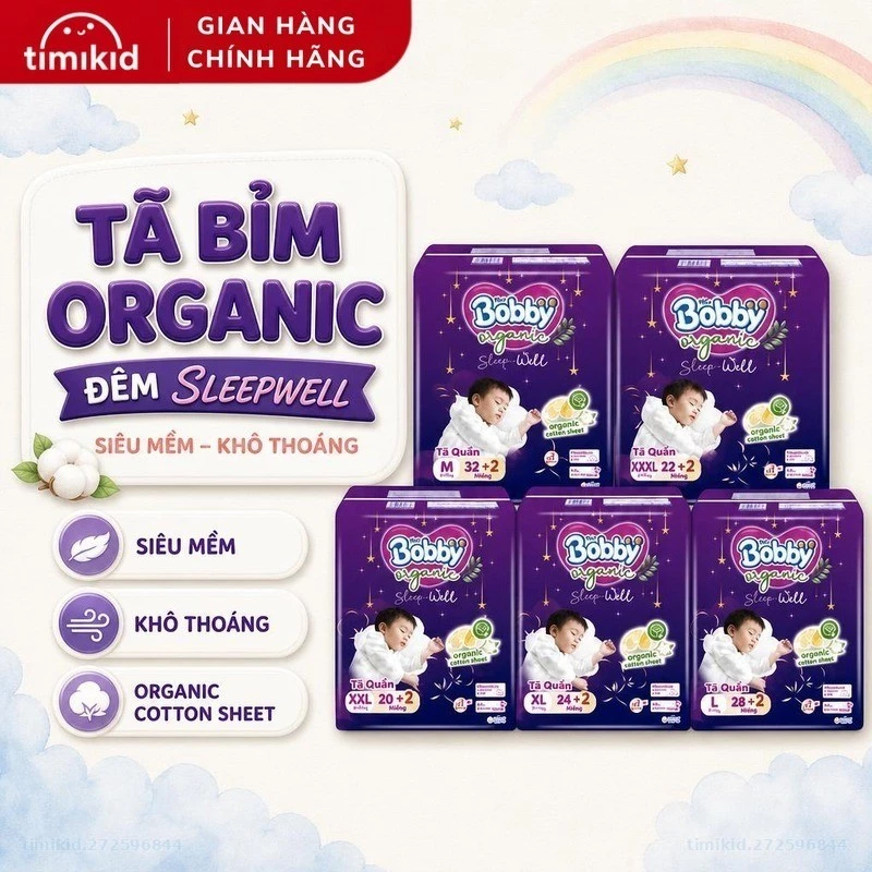 Tã Bỉm Quần Bobby Organic Đêm Sleepwell Siêu Mềm Khô Thoáng Cho Bé Size M32 L28 XL26 XXL24 XXXL22