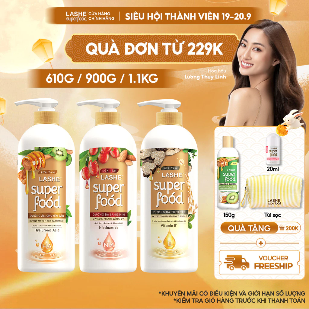 Sữa Tắm LASHE SUPERFOOD Dưỡng Da Sáng Mịn / Dưỡng Ẩm Chuyên Sâu / Dưỡng Da Tươi Trẻ 610G/ 900G/ 1.1KG