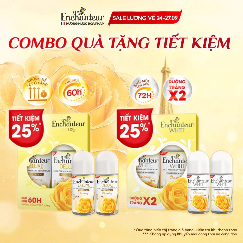 [COMBO TIẾT KIỆM] Lăn Khử Mùi Enchanteur Dưỡng Trắng Thơm Mịn / Hương Nước Hoa Pháp Không Để Lại Vệt Ố Vàng 50mlx2