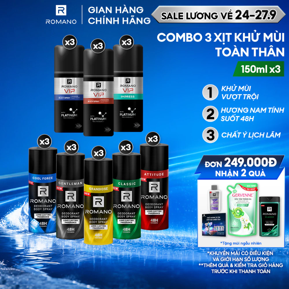 Combo 3 Xịt khử mùi  cho nam Romano toàn thân ngăn mồ hôi và mùi cơ thể 150ml/chai