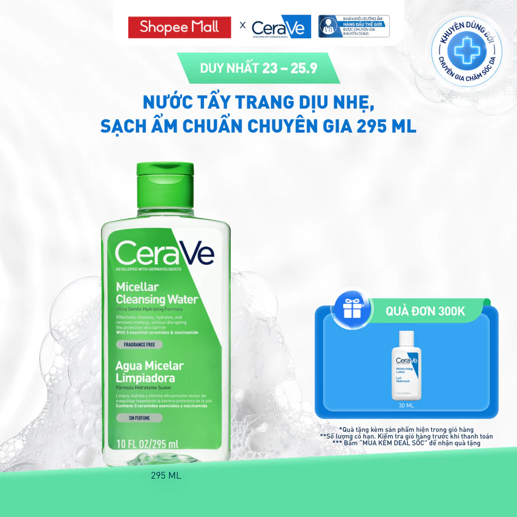 [ĐỘC QUYỀN ONLINE] Nước tẩy trang dịu nhẹ, sạch ẩm chuẩn chuyên gia CeraVe Micellar Cleansing Water 295ml