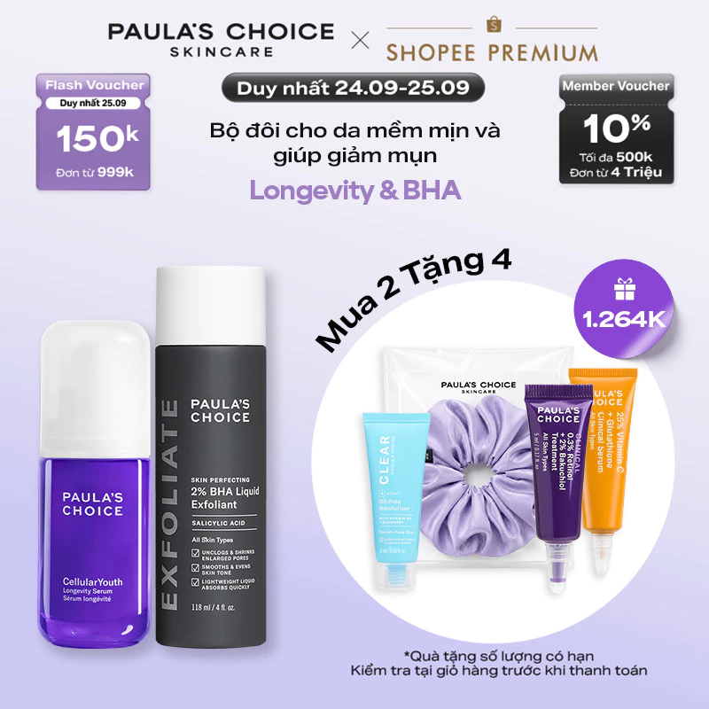 Bộ đôi giúp da thông thoáng, mềm mịn và trẻ trung Longevity Serum & 2% BHA Exfoliant 2250-2010