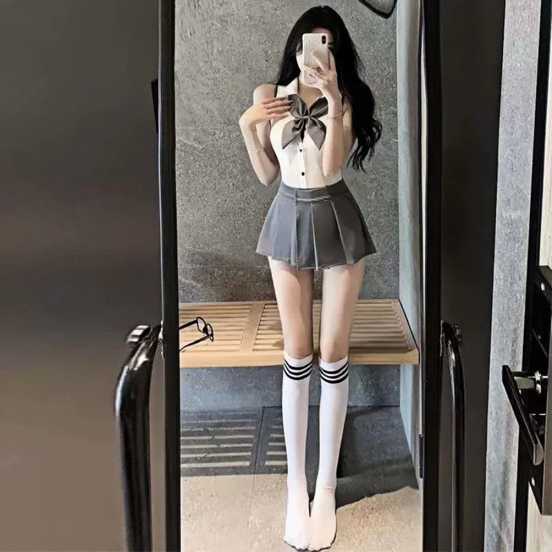 Preppy Style Halter Temptation Xếp Ly Mở File JK Bộ Đồ Học Sinh