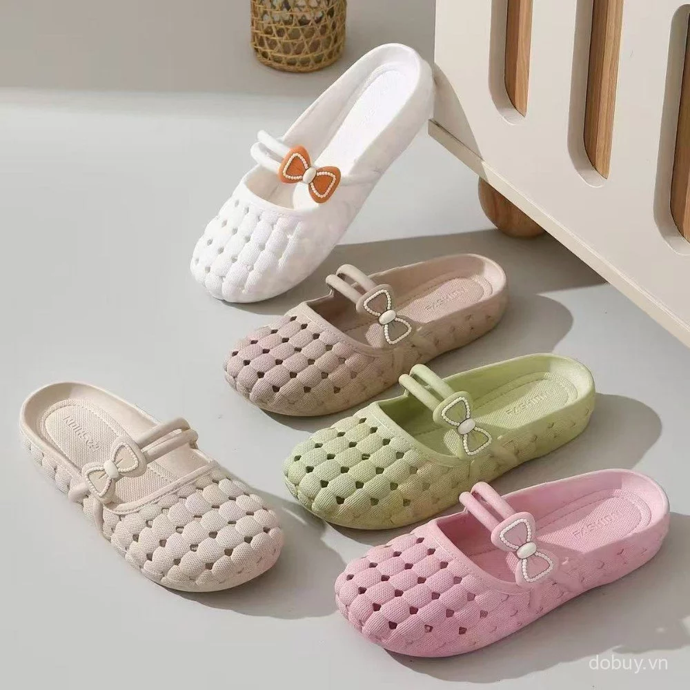 Phụ nữ rỗng dệt nơ trang trí Slide Mules, Dép đi trong vườn thông thường chống trượt thoáng khí