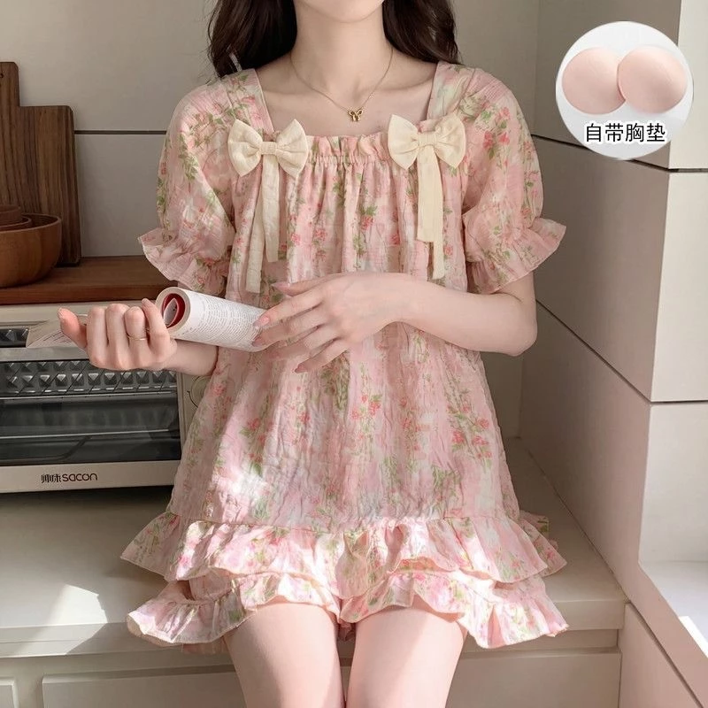 Bộ Đồ Ngủ Nữ Ngắn Tay Có Đệm Ngực Mùa Hè Mặc Nhà Mặc Ngoài Vải Mềm Thoáng Mát Chống Hở Thời Trang