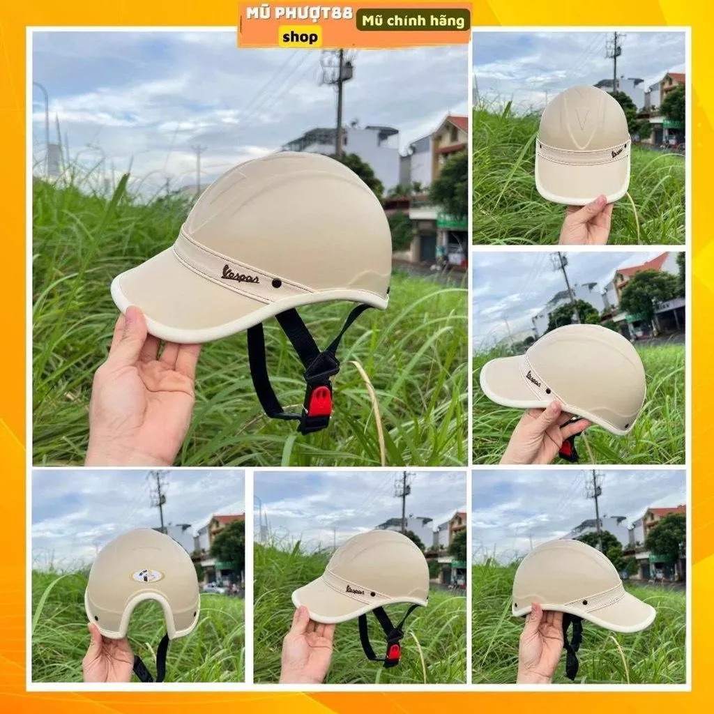 Mũ bảo hiểm Vespa màu sưɑ~ kem luoi trai trí liễu đai da đen nam và nữ đội freesize  [MQ]