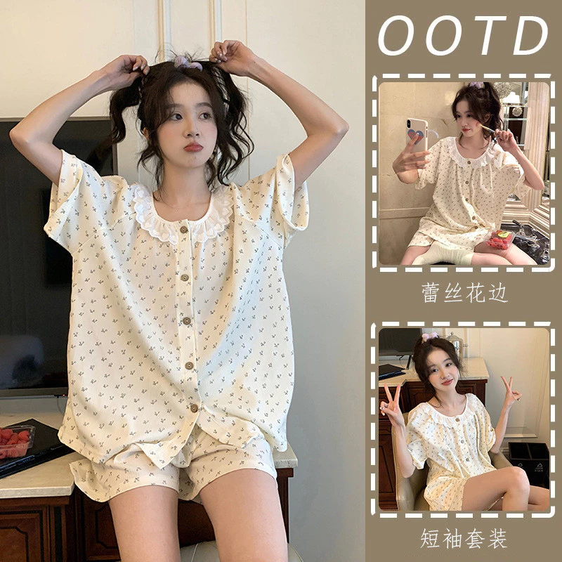 Bộ Đồ Ngủ Nữ Nhẹ Thoải Mái Có Thể Thở Tốt Quần Short Tay Ngắn Cardigan Bộ Đồ Ngủ Bộ 2 Món Có Thể Mặc Ra