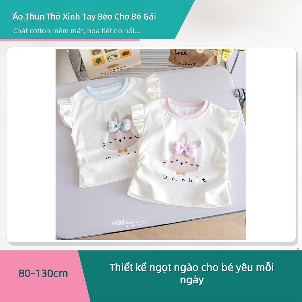Áo Thun Bé Gái Họa Tiết Thỏ Dễ Thương Tay Bèo Mùa Hè Chất Cotton Mềm Thoáng ✨deerlu05.vn✨