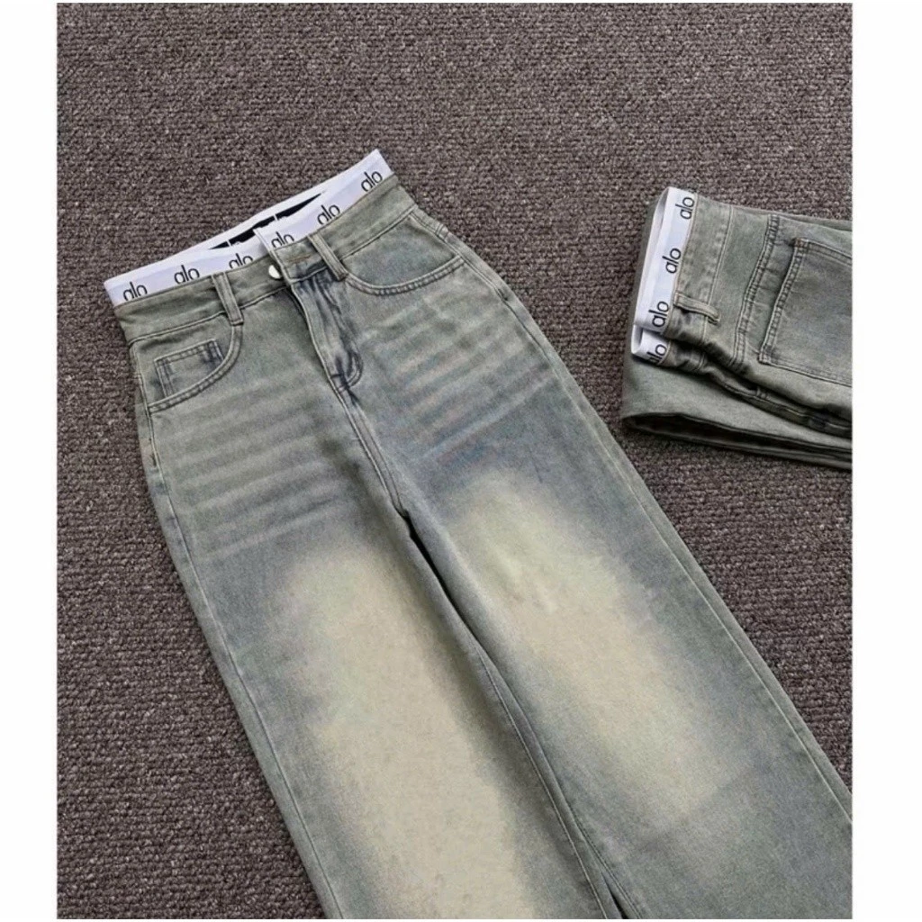 Quần Suông Jean Ống Rộng Thiết Kế Phối Cạp Chữ ALO Không Rách